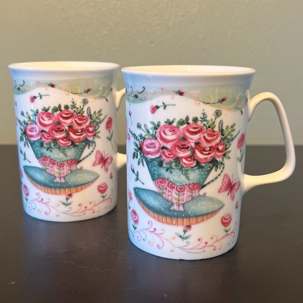 Set of 2 ROSE of ENGLAND Fine Bone China Floral Cups Mugs ~ United Kingdom UK - Picture 2 of 15